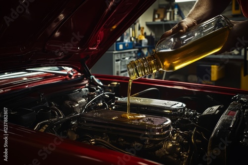 Mechanic pouring engine oil into classic car engine. photo