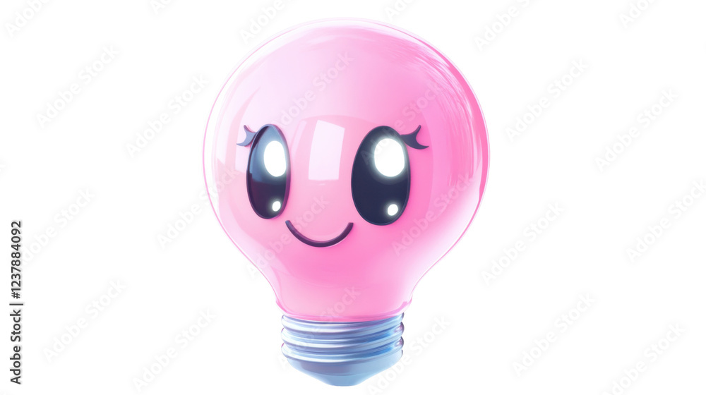 Pink light bulb character smiling with transparent background