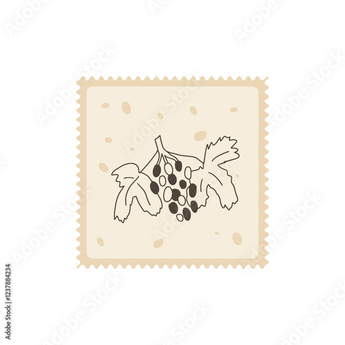Grape emblem. Vineyard square stamp. Winery rectangle perforated edges label. Vector hand drawn doodle illustration.