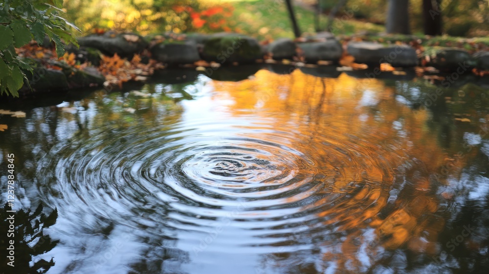 A serene pond reflecting autumn colors with ripples on the surface. A serene pond reflecting autumn colors with ripples on the surface.