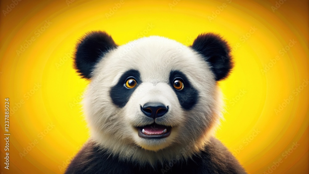 Fototapeta premium A Joyful Panda Cub Portrait Against a Vibrant Yellow Background