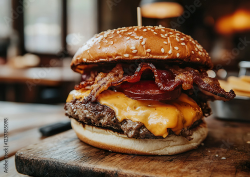 Bacon cheeseburger featuring crispy bacon and cheddar, presented on a wooden board, overhead view with vibrant colors highlighting the textures and layers of the burger. photo