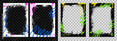 Grunge spray background frames template set. Border graffiti rectangular cadre with airbrush lines stroke. Ink and paint punk decor for photo. Retro texture banner poster overlay Vector illustration.