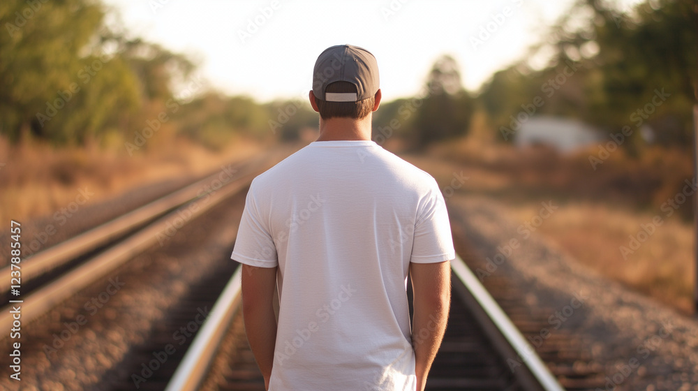 Obraz premium Person walking on rural train tracks at sunset. Represents journey metaphors, travel concepts, and personal direction.