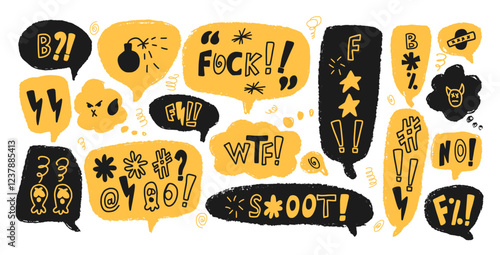 Negative emotion. Speech bubbles with swear words. Curse crayon doodle text. Bad expression on chat dialog boxes. Aggressive swearwords isolated on white background. Vector hand drawn illustration.