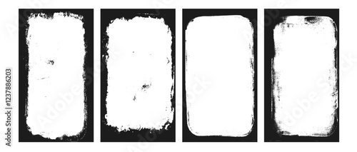 Photo grunge frames stories set template. Ink paint rolled with edges border for social media poster. Retro textured overlays. Rectangular old black cadre on white background. Vector illustration.