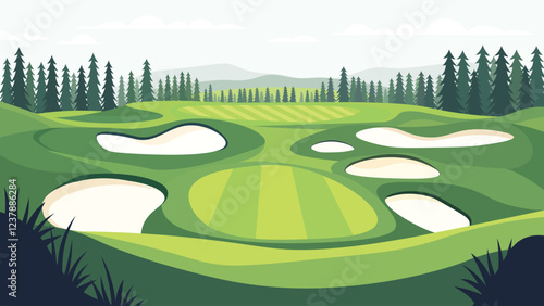 Beautiful Golf Sport Field Nature Landscape with Mountains View and Pine Trees in Bright Sky
