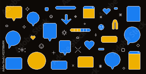 Pixel art speech bubbles. 8 bit text boxes with hearts, arrow and sparkles. Rectangle and round chat frames. Dialogue balloon icons in retro 90s style. Digital message borders. Vector set illustration