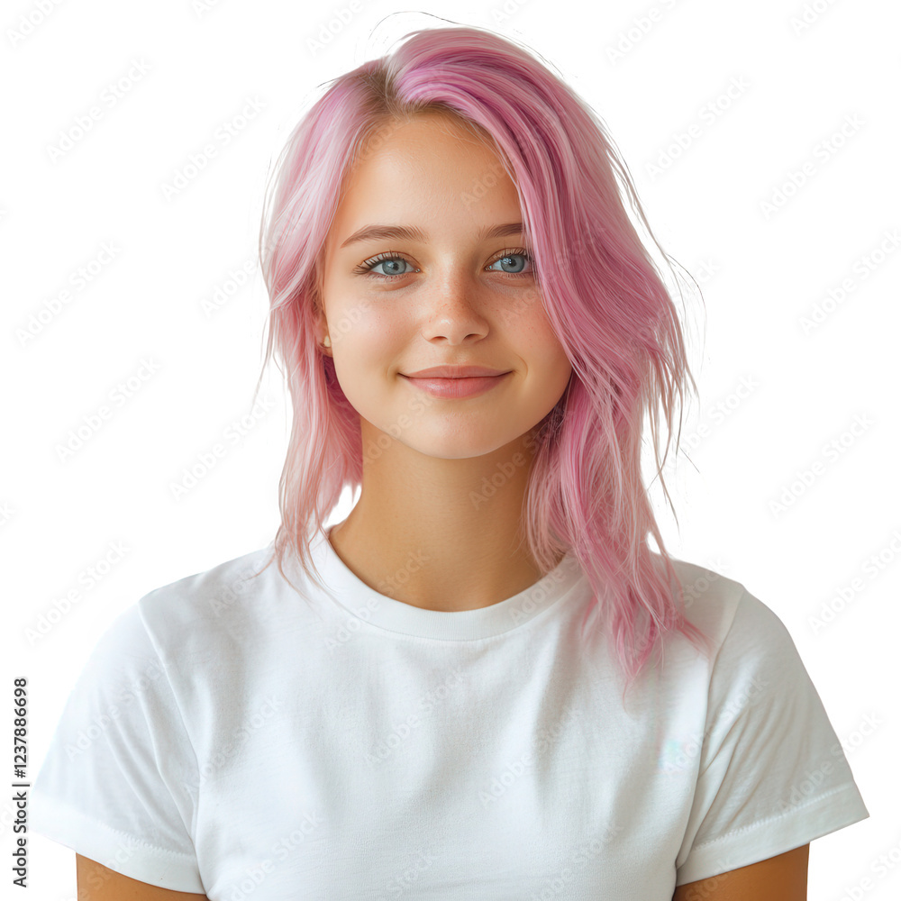 A young woman with white short sleeves and pink hair A young woman with white short sleeves and pink hair