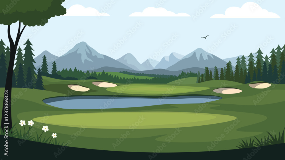 Obraz premium Beautiful Golf Sport Field Nature Landscape with Mountains View and Pine Trees in Bright Sky