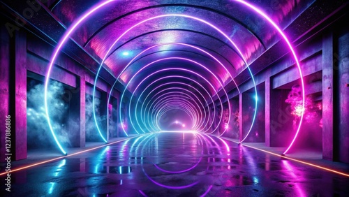 Futuristic Neon Tunnel with Glowing Circular Lights and Smoky Atmosphere Reflecting on Wet Floor