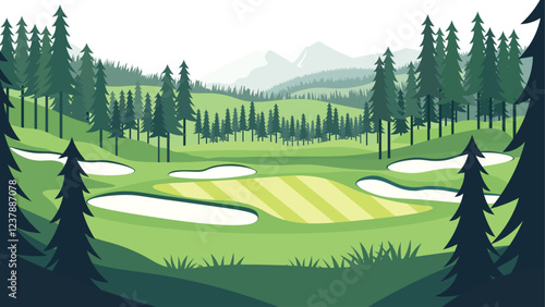 Beautiful Golf Sport Field Nature Landscape with Mountains View and Pine Trees in Bright Sky