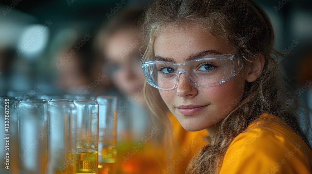 Young Female Scientist in Lab, Focused and Curious, Wearing Safety Glasses Young Female Scientist in Lab, Focused and Curious, Wearing Safety Glasses