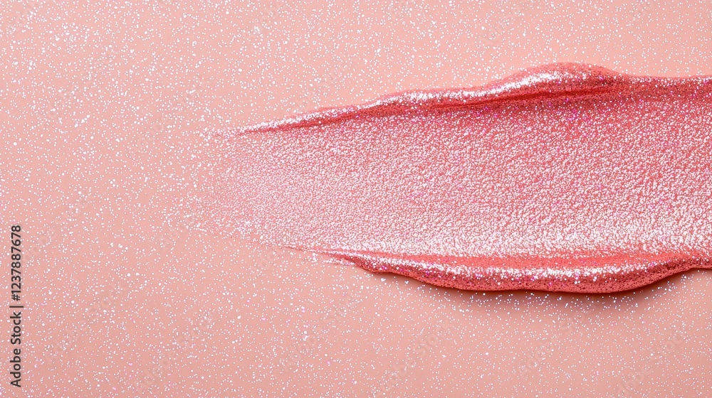 Fototapeta premium Peach Lip Gloss Swatch With Glitter On Pink Background