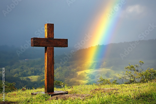  cross beneath a rainbow