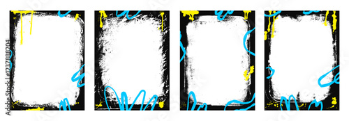 Urban grunge spray background frames set. Border graffiti template with airbrush lines stroke and splodges. Ink and paint punk decor for photo. Retro texture banner poster overlay Vector illustration.