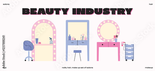 Beauty Industry, salon fair shops. Cartoon illustration of hair, makeup, nail salons with vanity tables, chairs, and beauty tools. Customers and stylists engage in grooming, styling, self-care routine