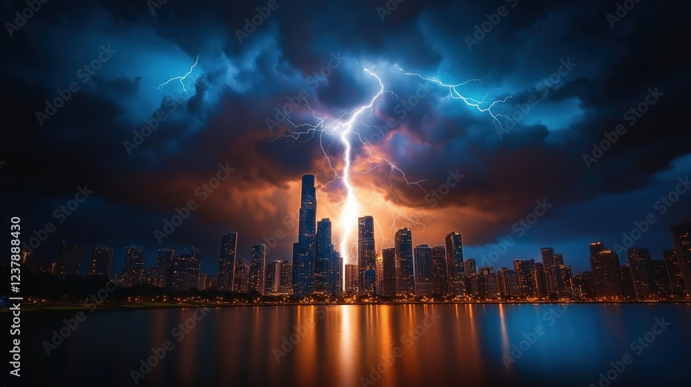 A breathtaking city skyline under a vivid thunderstorm, with a massive lightning bolt splitting the dark sky and reflections shimmering on the calm water below A breathtaking city skyline under a vivid thunderstorm, with a massive lightning bolt splitting the dark sky and reflections shimmering on the calm water below