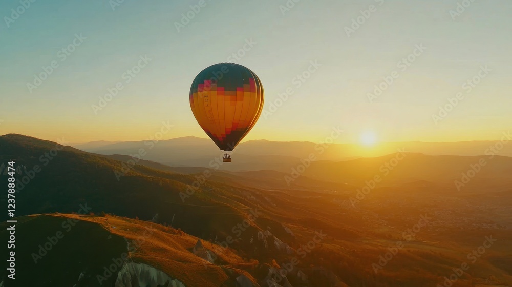 Fototapeta premium Colorful Hot Air Balloon Rising Over Mountain Landscape