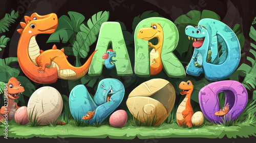 Kids dinosaurs alphabet with cartoon dino characters and eggs vector typography set. Uppercase letters with prehistoric dinosaurs, children education poster. Cute dino animals english alphabet letters photo