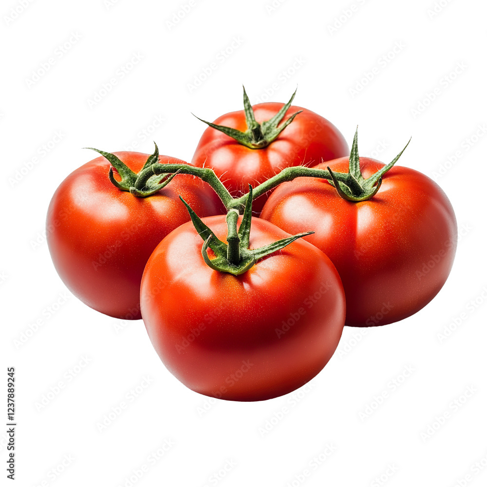 Ripe tomatoes with bright red skin lying on a flat surface, showcasing their smooth texture and vibrant color, isolated on white background Ripe tomatoes with bright red skin lying on a flat surface, showcasing their smooth texture and vibrant color, isolated on white background