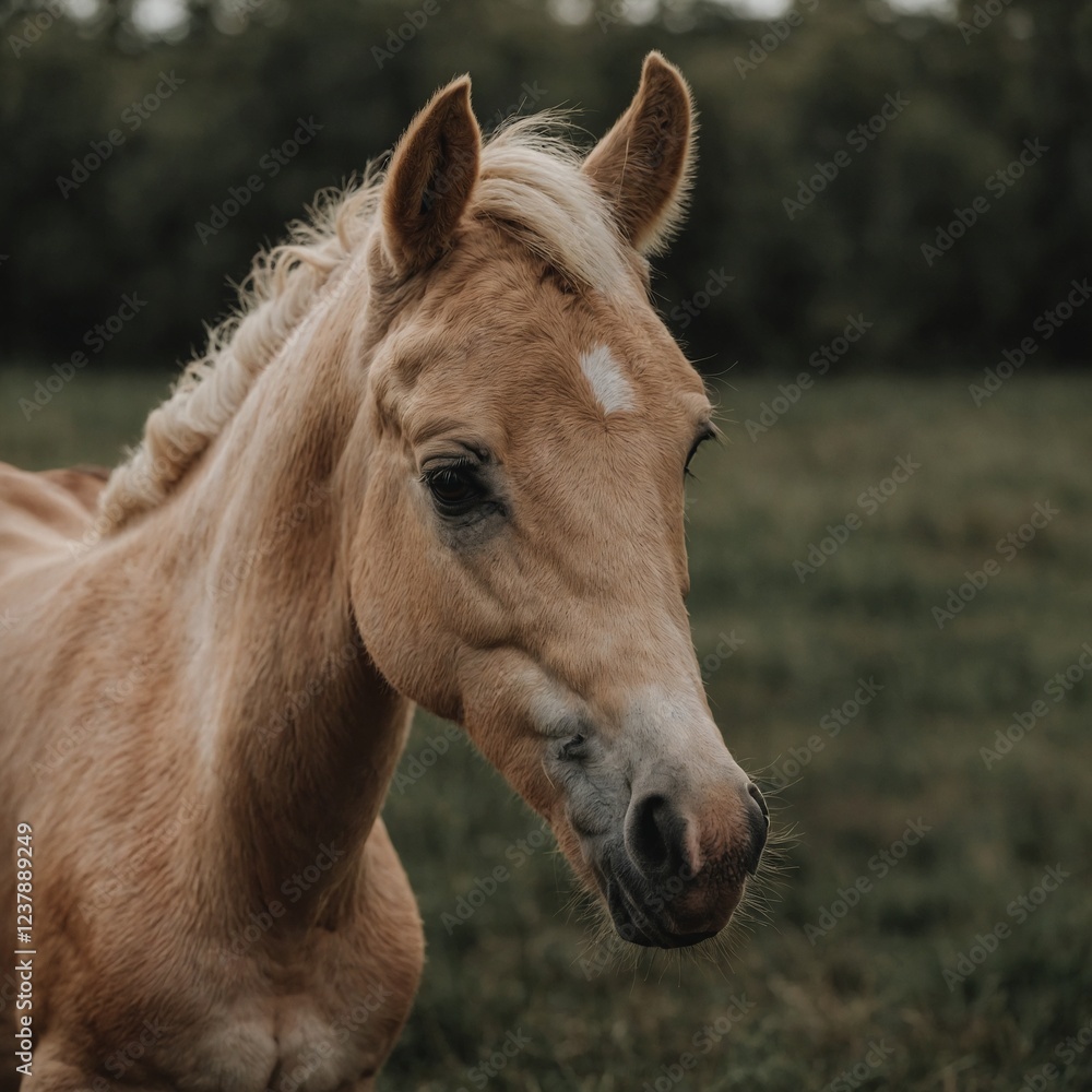 Fototapeta premium A cute young palomino foal with a short but 