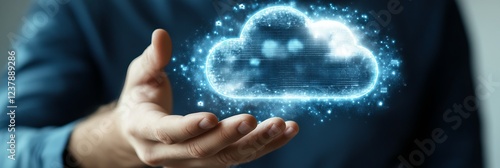 A futuristic visualization of cloud and edge computing technology, featuring a large glowing cloud icon on the right, symbolizing centralized data storage. Interconnected polygonal nodes and minimalis