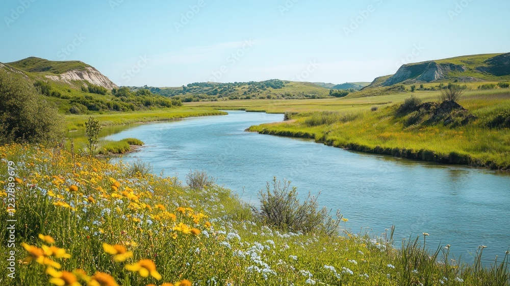 Fototapeta premium A serene river flows through lush green hills and blooming wildflowers under a clear sky.