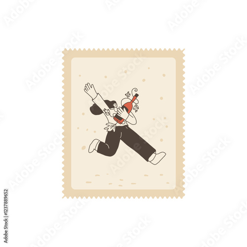 Woman run with wine bottle on postage stamp. Tasting event square perforated edges emblem. Party with alcohol drinks. Person visit a vineyard. Vector hand drawn doodle illustration.