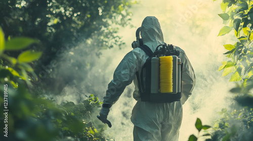 Insect repellents for home disinfection and pest control banner. Worker in chemical protection suit and gas mask holding fumigation machine, insecticide spray and mosquito coil repellent vector photo