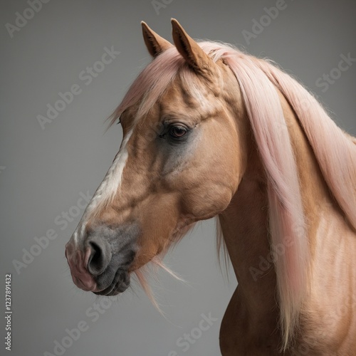 A side profile of a realistic palomino horse with a delicate light pink mane, its gentle expression highlighted by soft lighting on a white background. photo