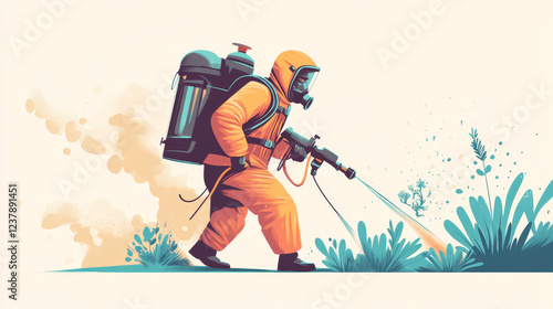 Insect repellents for home disinfection and pest control banner. Worker in chemical protection suit and gas mask holding fumigation machine, insecticide spray and mosquito coil repellent vector photo