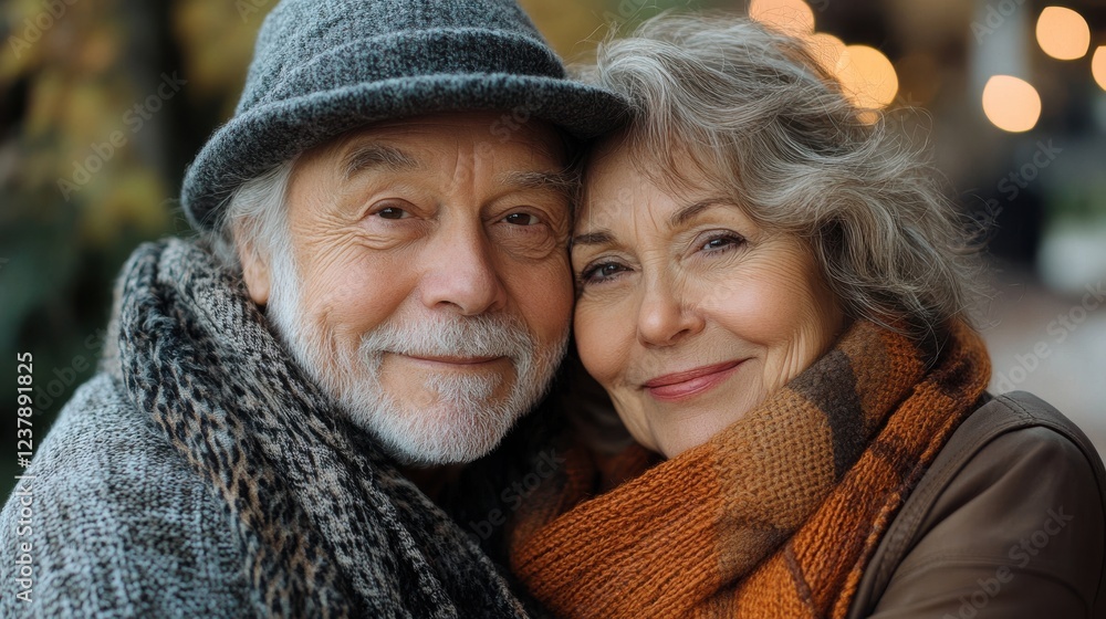 Smiling senior couple with exercise mats standing at park, positive mature man embracing his elderly wife after fitness or yoga class in nature. Wellness and healthy lifestyle on retirement
