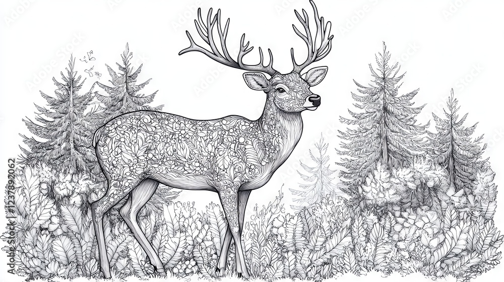 A deer happily prancing through the snow, outlined for coloring. A festive Christmas and winter animal illustration A deer happily prancing through the snow, outlined for coloring. A festive Christmas and winter animal illustration