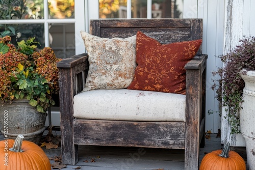 Cozy Rustic Wooden Chair with Decorative Pillows and Autumn Decor photo