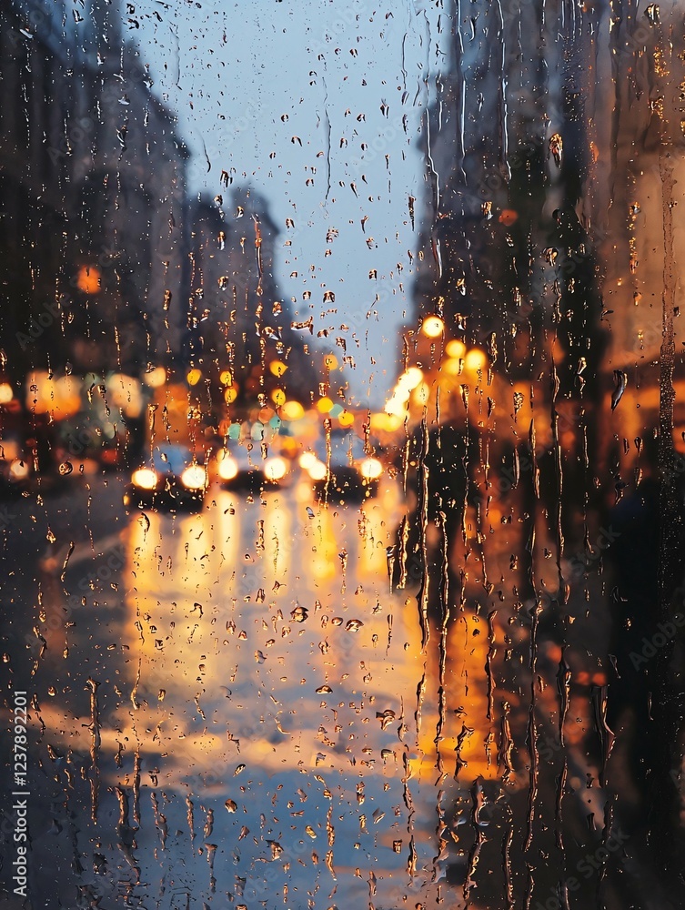 Naklejka premium Water droplets on a window create a captivating interplay of soft light and reflections, evoking a mood of introspection.
