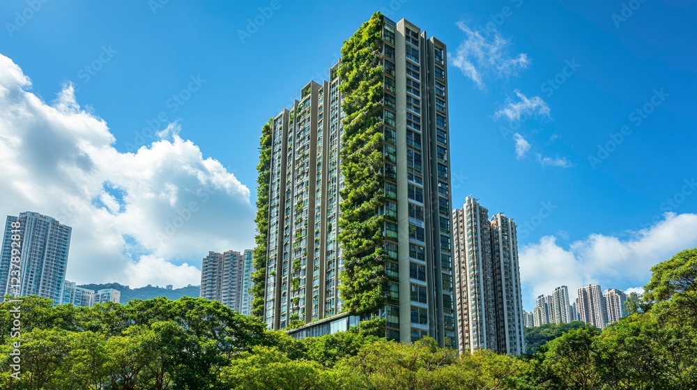 A tall building in Hong Kong with green trees growing on the side of it, a blue sky with white clouds A tall building in Hong Kong with green trees growing on the side of it, a blue sky with white clouds
