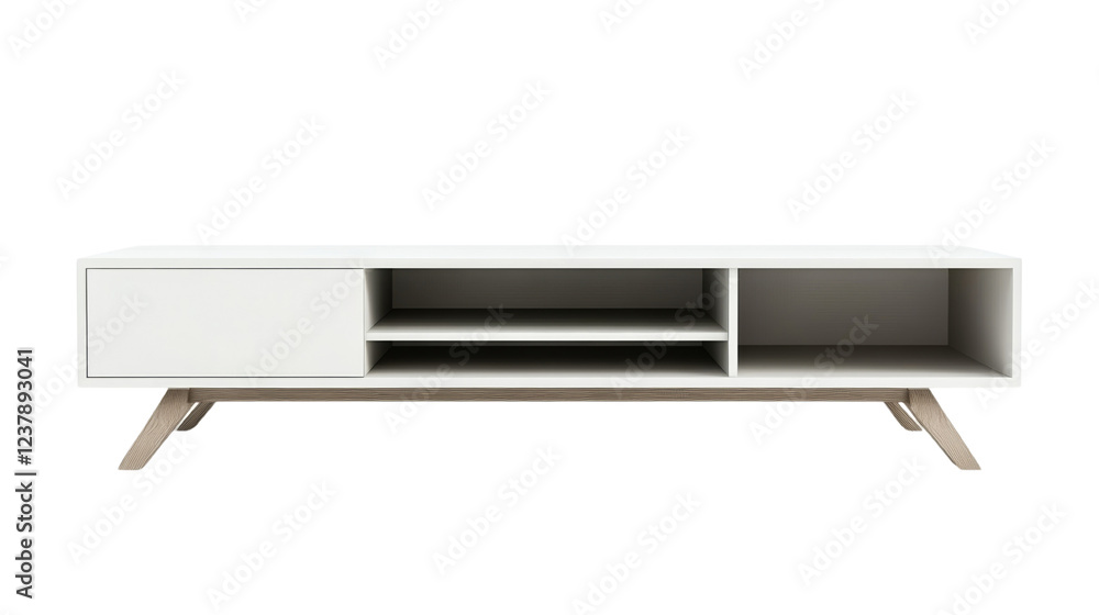 A stylish white media console with wooden legs features open shelving and a closed cabinet providing ample storage space. A stylish white media console with wooden legs features open shelving and a closed cabinet providing ample storage space.