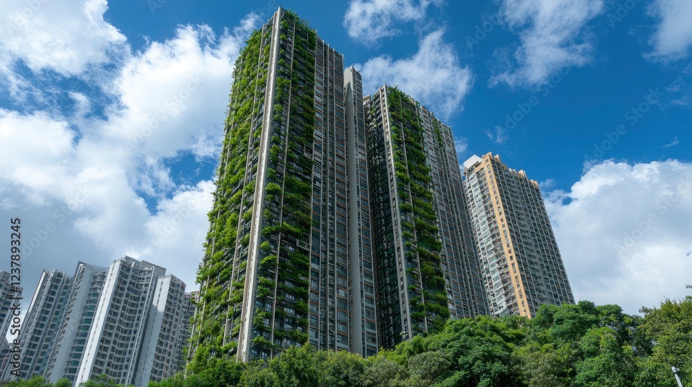 A tall building in Hong Kong with green trees growing on the side of it, a blue sky with white clouds A tall building in Hong Kong with green trees growing on the side of it, a blue sky with white clouds