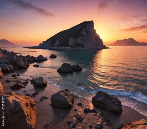 Sunset over the Mediterranean Sea with the Rock of Gibraltar in the background and Bay of Algeciras, Sea, Gibraltar, Coastal