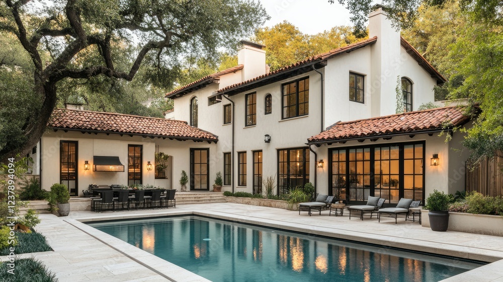 Elegant villa exterior with a courtyard garden, refreshing pool, and minimalist aesthetic highlighted by black aluminum-framed windows Elegant villa exterior with a courtyard garden, refreshing pool, and minimalist aesthetic highlighted by black aluminum-framed windows