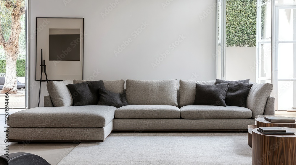 Grey attic living room with a sleek sofa, white walls, and natural wood accents, offering a blend of comfort and style Grey attic living room with a sleek sofa, white walls, and natural wood accents, offering a blend of comfort and style