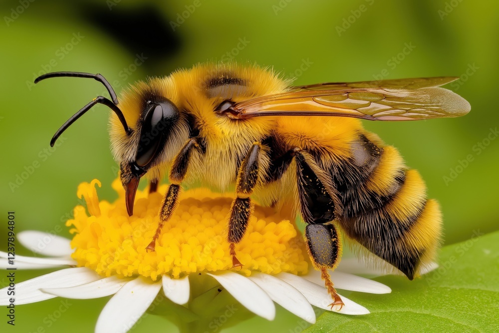 A detailed close-up of a bee on a daisy, showing its intricate wings and fuzzy body with a vibrant green background A detailed close-up of a bee on a daisy, showing its intricate wings and fuzzy body with a vibrant green background