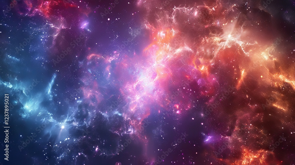 Naklejka premium Majestic night sky with glittering stars and swirling galaxies in deep outer space, capturing the vastness of the universe