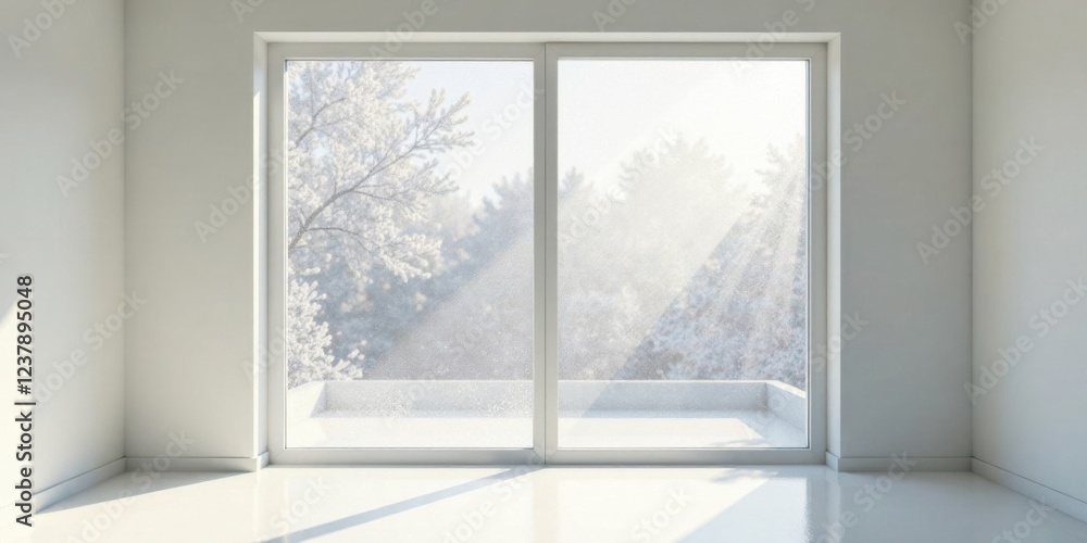 Fototapeta premium Serene Winter View from a Minimalist Room's Large Window