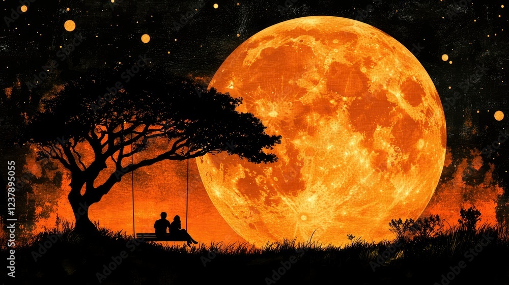 Couple Silhouetted On Swing Underneath Giant Orange Moon Couple Silhouetted On Swing Underneath Giant Orange Moon