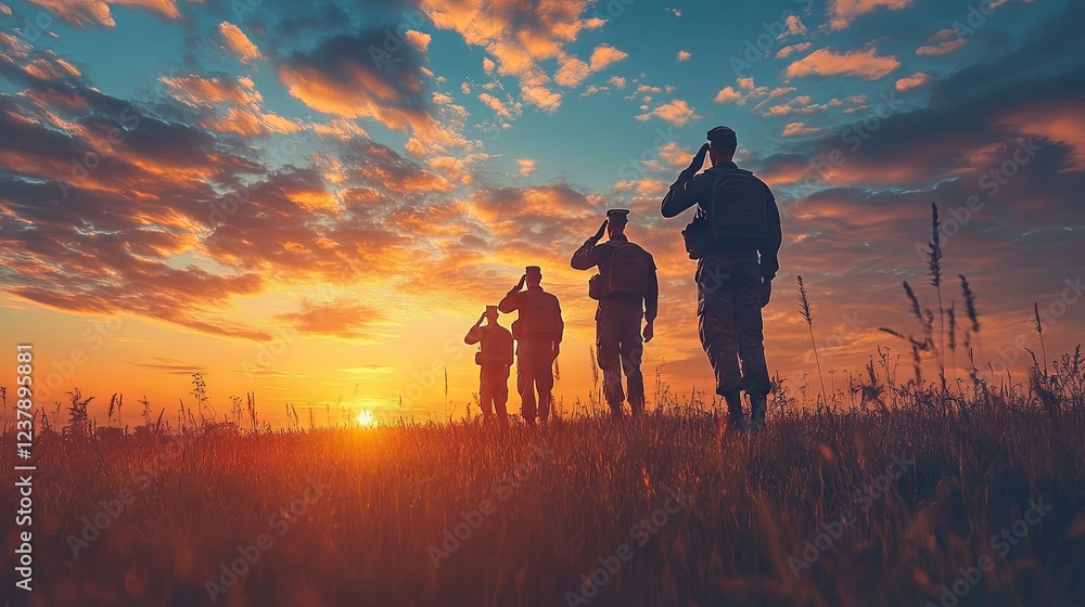 Fototapeta premium Silhouettes of soldiers saluting against the backdrop of a sunset or sunrise with the USA flag, creating a greeting card for Veterans Day, Memorial Day, and Independence Day celebrations.