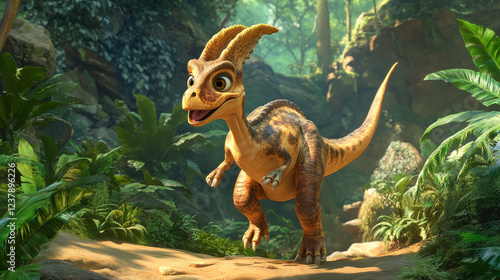 Prehistoric dinosaur character, cartoon Parasaurolophus or Jurassic lizard, vector funny dino. Cretaceous era dinosaur or prehistoric lizard on two legs in jungle forest for kids paleontology animals photo