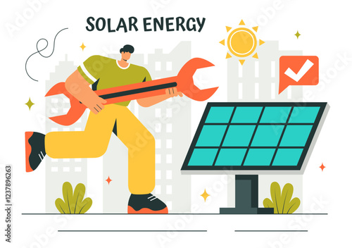 Solar Energy Installation Vector Illustration featuring a Home Service Team Maintaining Solar Panel or Wind Turbines for Electricity Network Operation