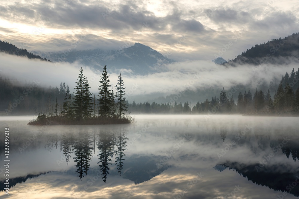 Fototapeta premium panoramic landscape photo of a mystical morning scene with fog over a lake